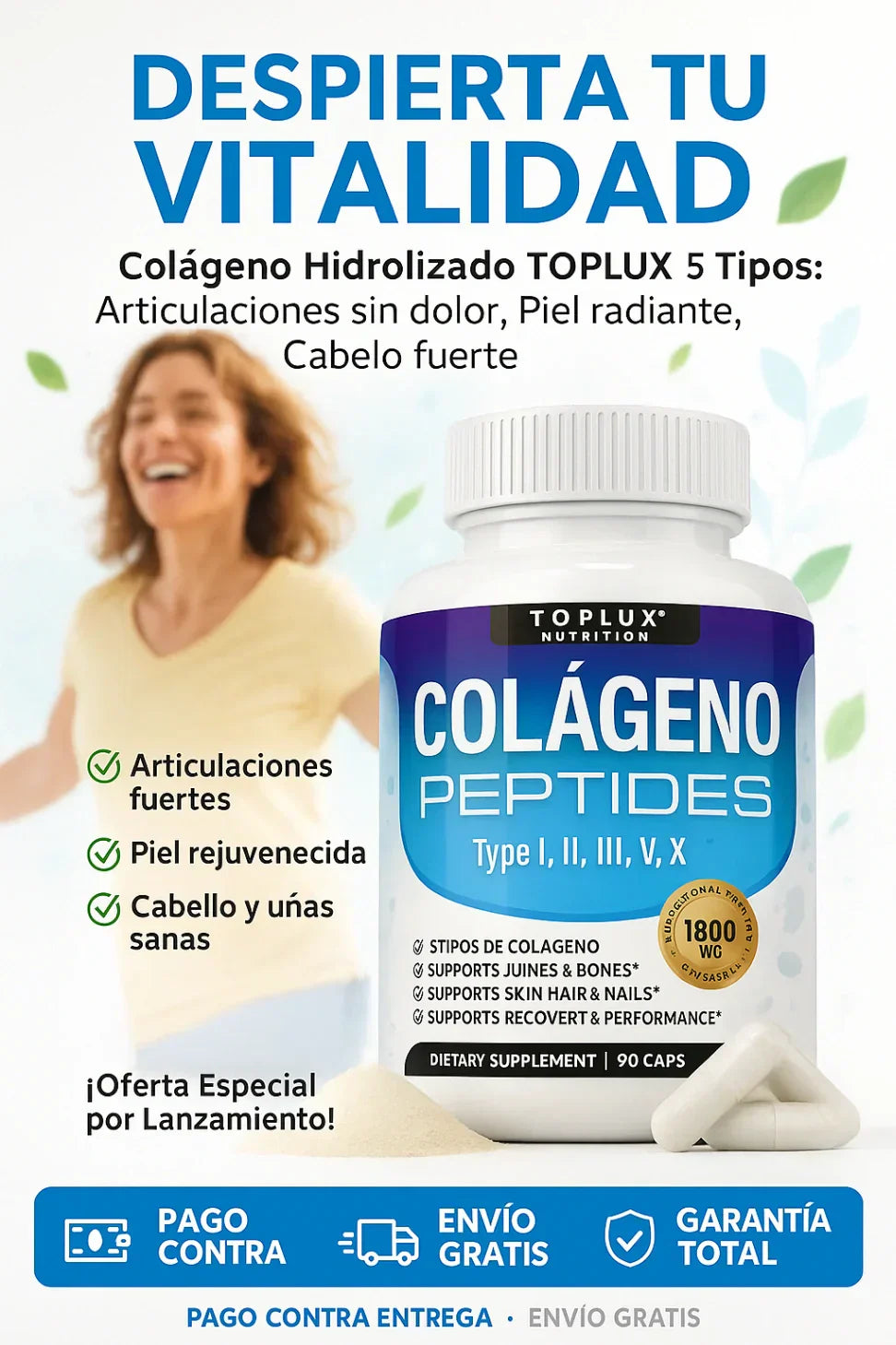 Colágeno Hidrolizado TOPLUX™ 5 Tipos (I, II, III, V, X) | Fortalece Articulaciones, Piel y Cabello